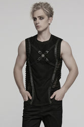 Black Round Collar Sleeveless Stitching Mesh Buckle Men's Punk Vest